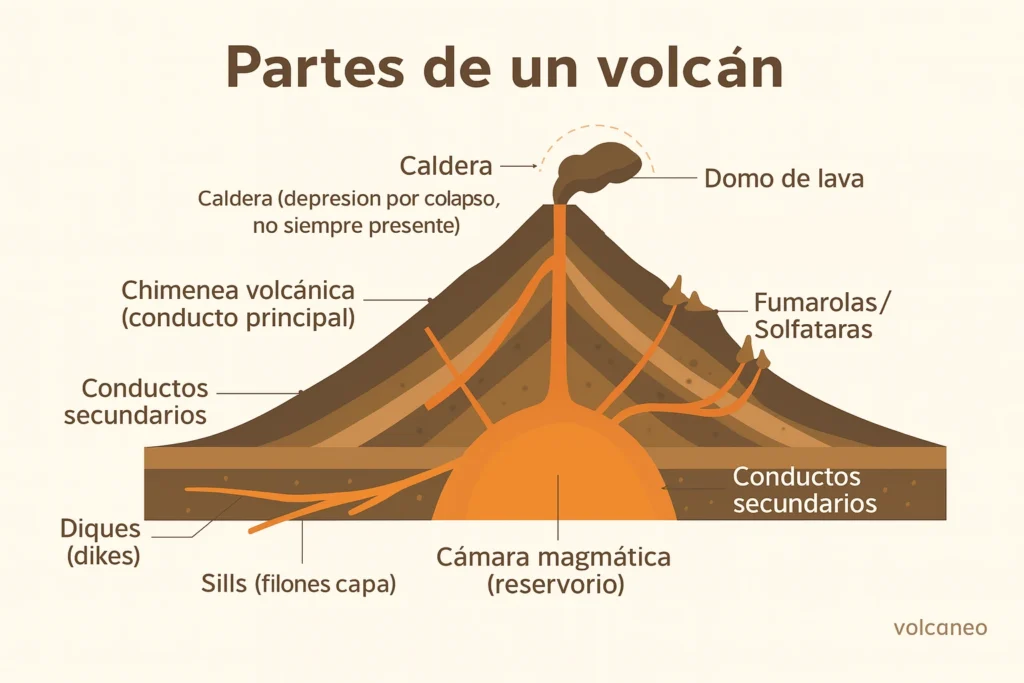 ilustración partes de un volcán
